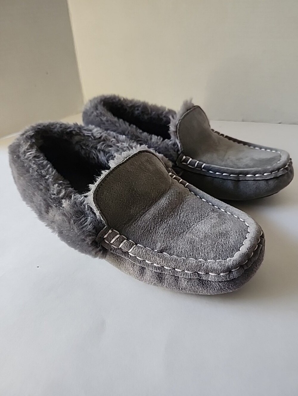 Gray Faux Fur Lined Suede Moccasin Slippers
